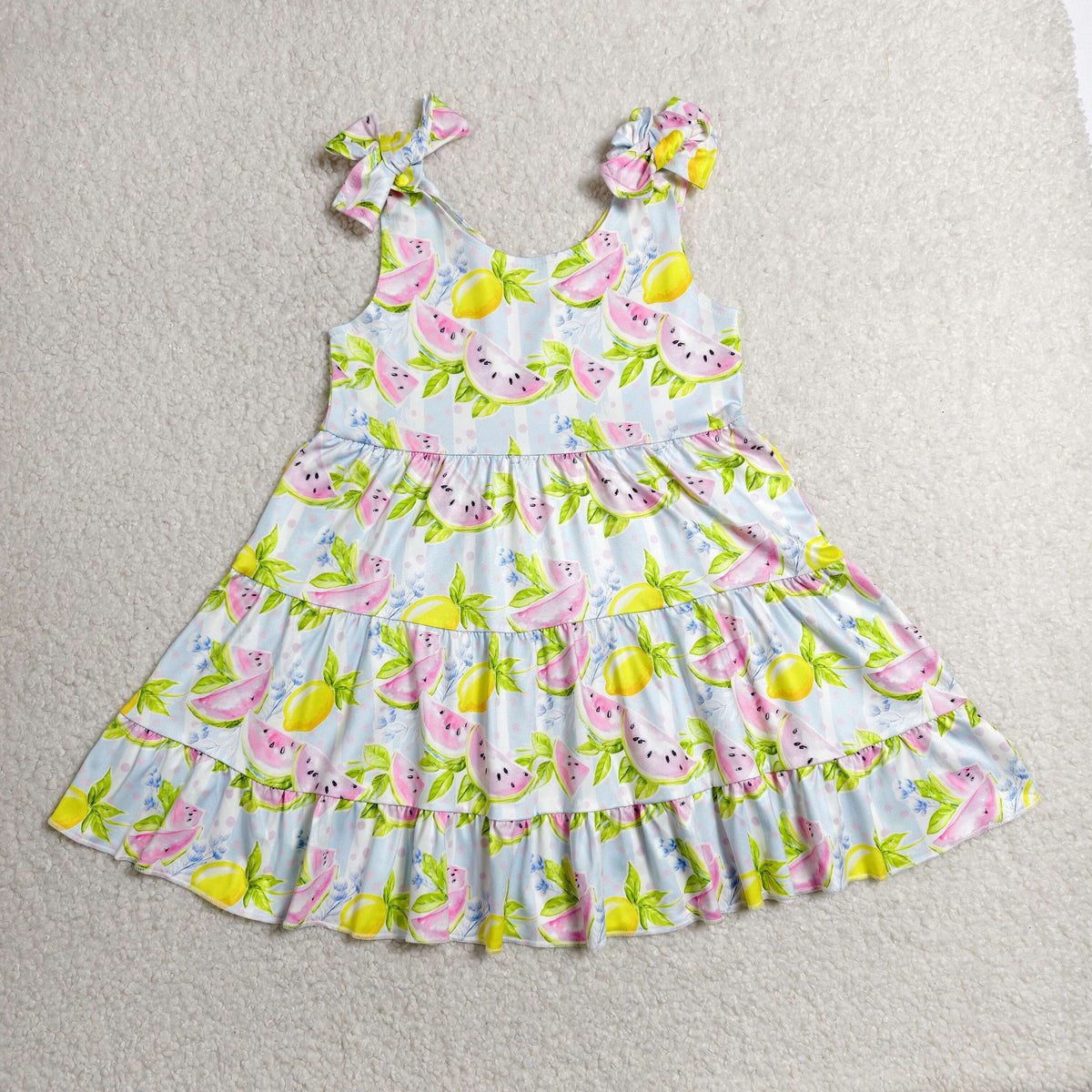 Baby Girls Kids Straps Fruits Blue Stripes Ruffle Knee Length Dress