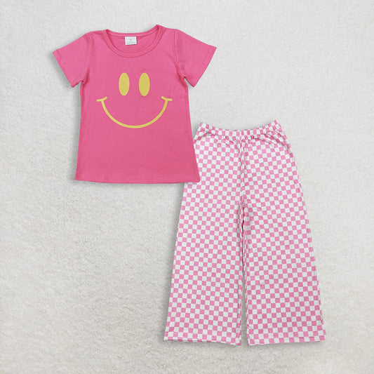 RTS Baby Girls Kids Short Sleeves Smile Shirt Pink Plaid Pants Clothes Set