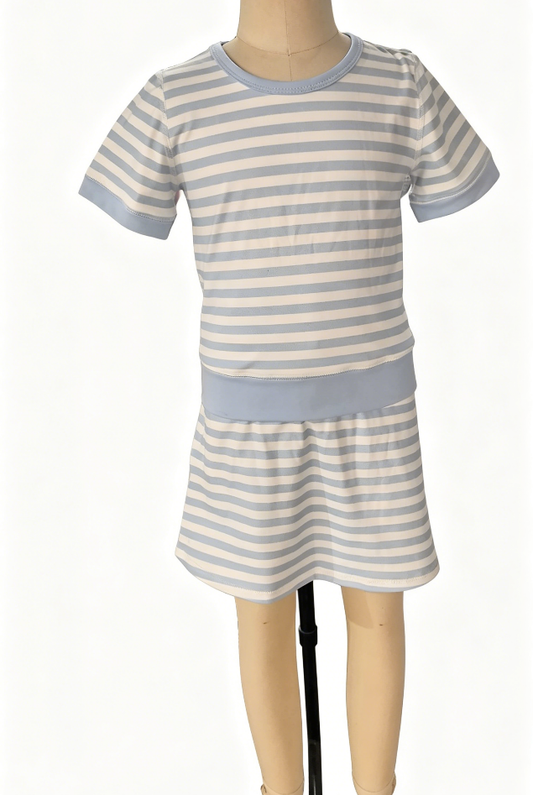 Preorder Baby Girls Kids Short Sleeves Shirt Blue Stripes Skirt Shorts Set Yoga Active Clothes