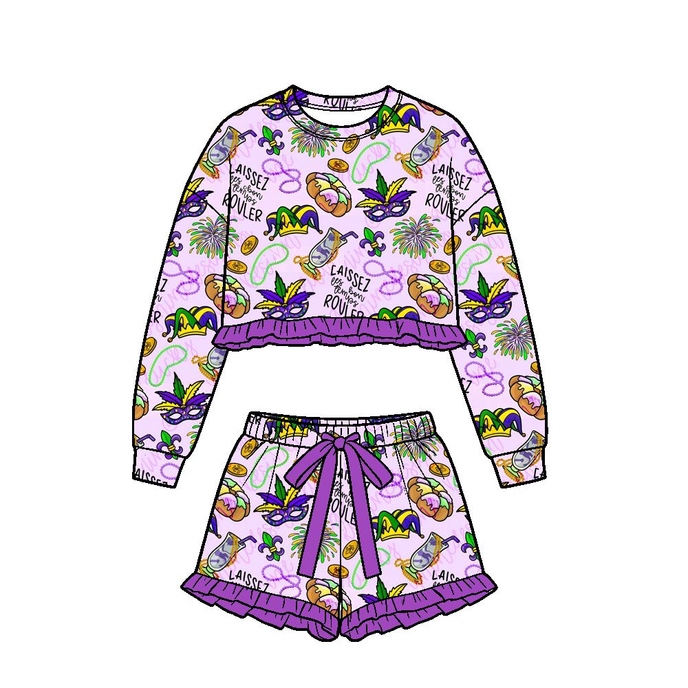 Moq 5 Preorder Baby Girls Kids Long Sleeves Masks Shirt Shorts Purple Set Mardi Gras Clothes