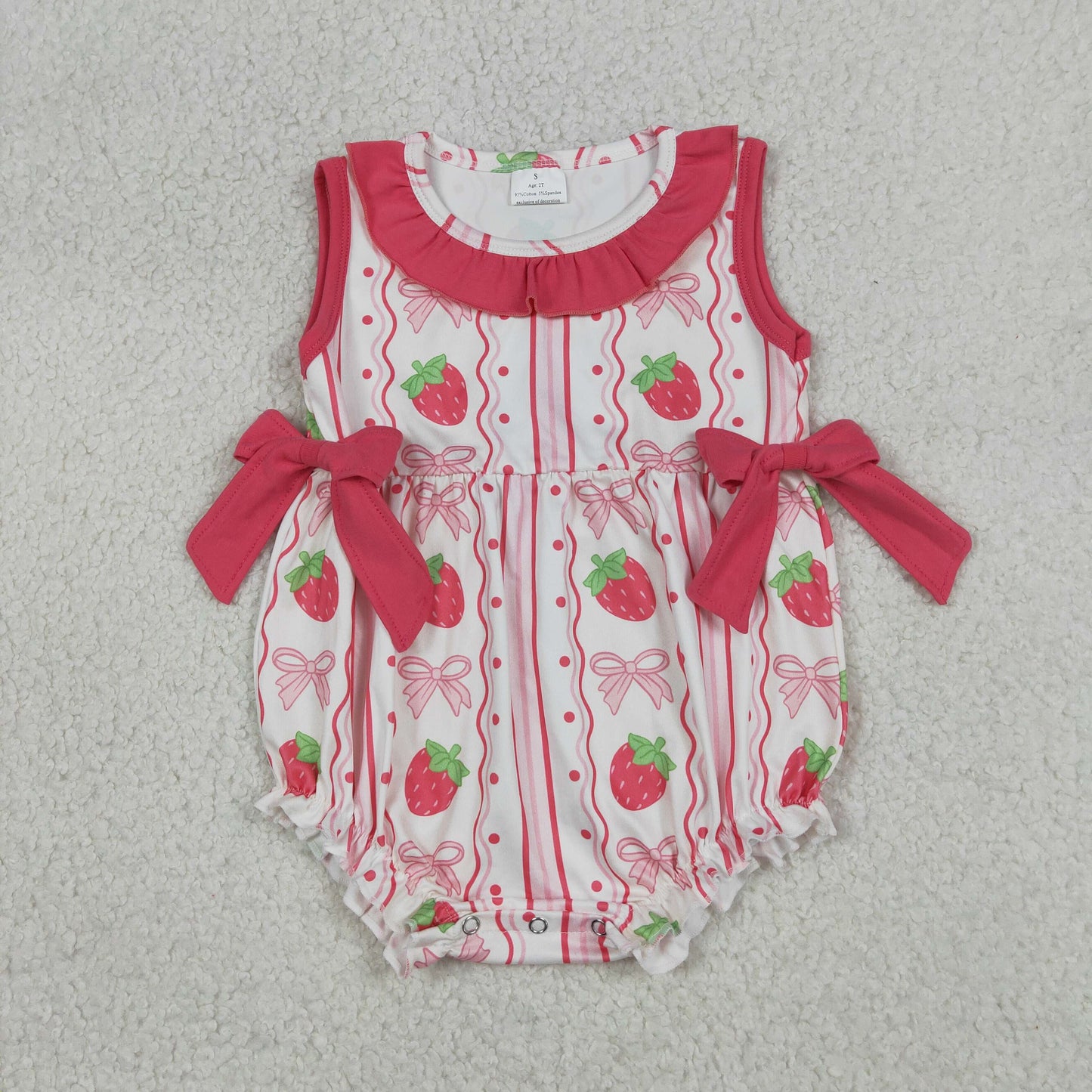 Baby Girls Infant Sleeveless Strawberry Pink Bows Bubble Romper