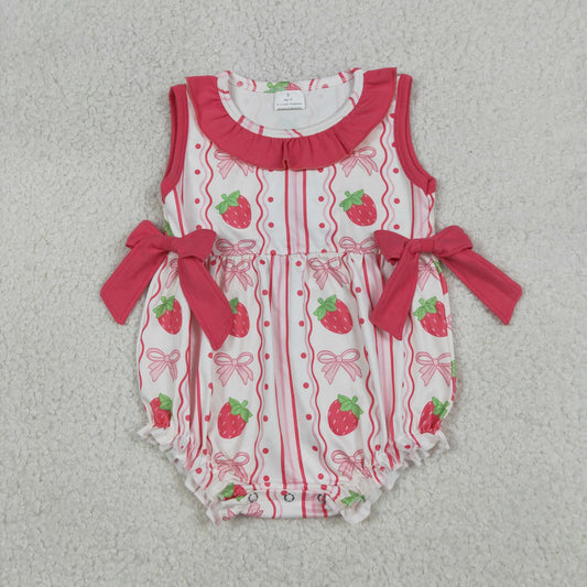 Baby Girls Infant Sleeveless Strawberry Pink Bows Bubble Romper