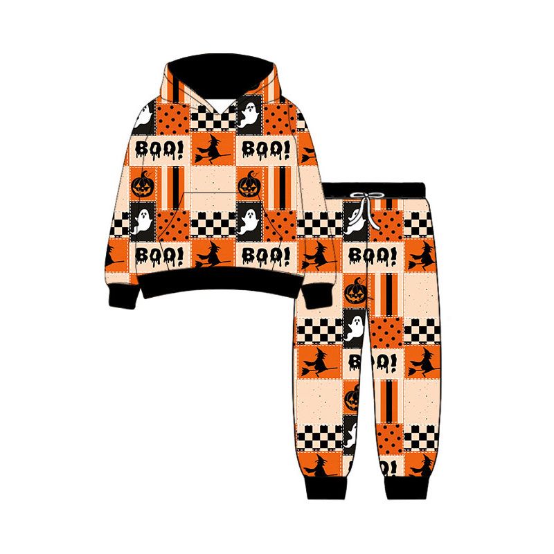 Moq 5  Preorder Toddler Kids Long Sleeves Ghost Halloween Hoodie Pullover Pockets Pants Set Clothes