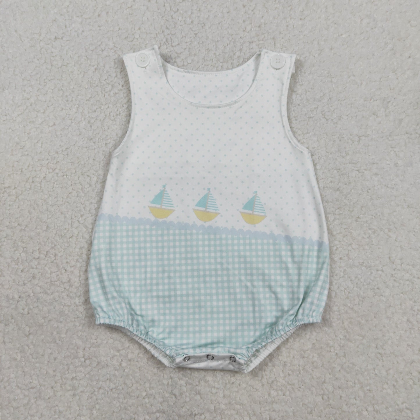 RTS Baby Boys Kids Sleeveless Boats Green Plaid Dots Bubble Romper