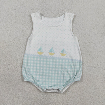 RTS Baby Boys Kids Sleeveless Boats Green Plaid Dots Bubble Romper