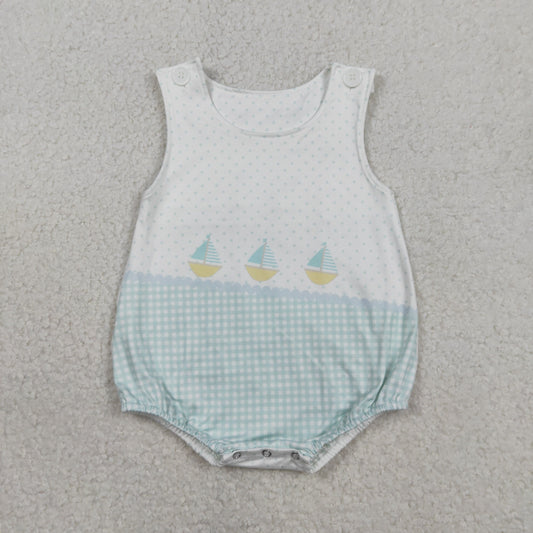 RTS Baby Boys Kids Sleeveless Boats Green Plaid Dots Bubble Romper