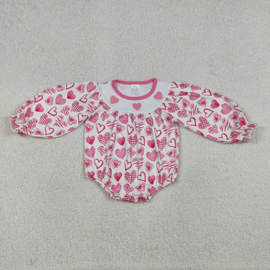 Baby Girls Infant Long Sleeves Embroidery Hearts Valentine's Day Bubble Romper