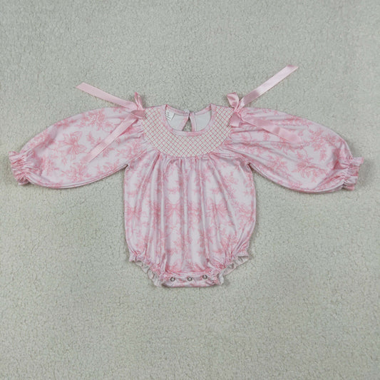 RTS Baby Girls Long Sleeves Embroidery Smocked Flowers Bows Bubble Pink Romper