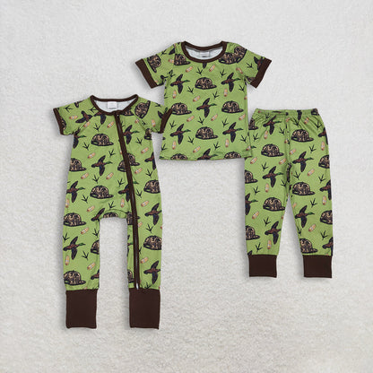 Sibling Baby Boys Short Sleeves Ducks Camo Hats Hunting Green Zipper Romper Outfit Pajamas