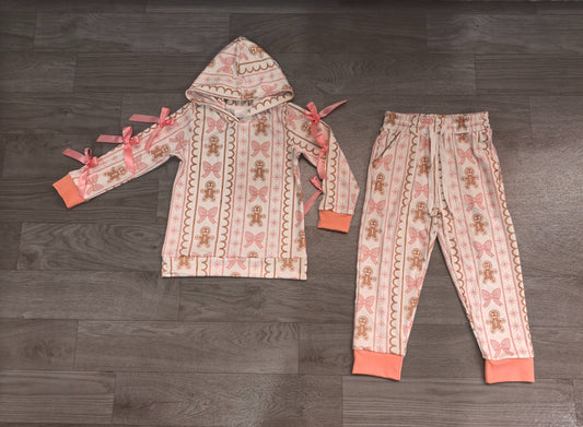 No moq Preorder Baby Girls Kids Christmas Gingerbread Bows Hoodie Pullover Pockets Pants Set Clothes