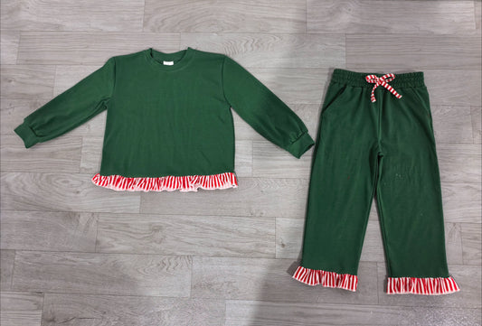 No moq Preorder Baby Girls Kids Stripes Ruffle Shirt Pockets Pants Green Set Christmas Clothes