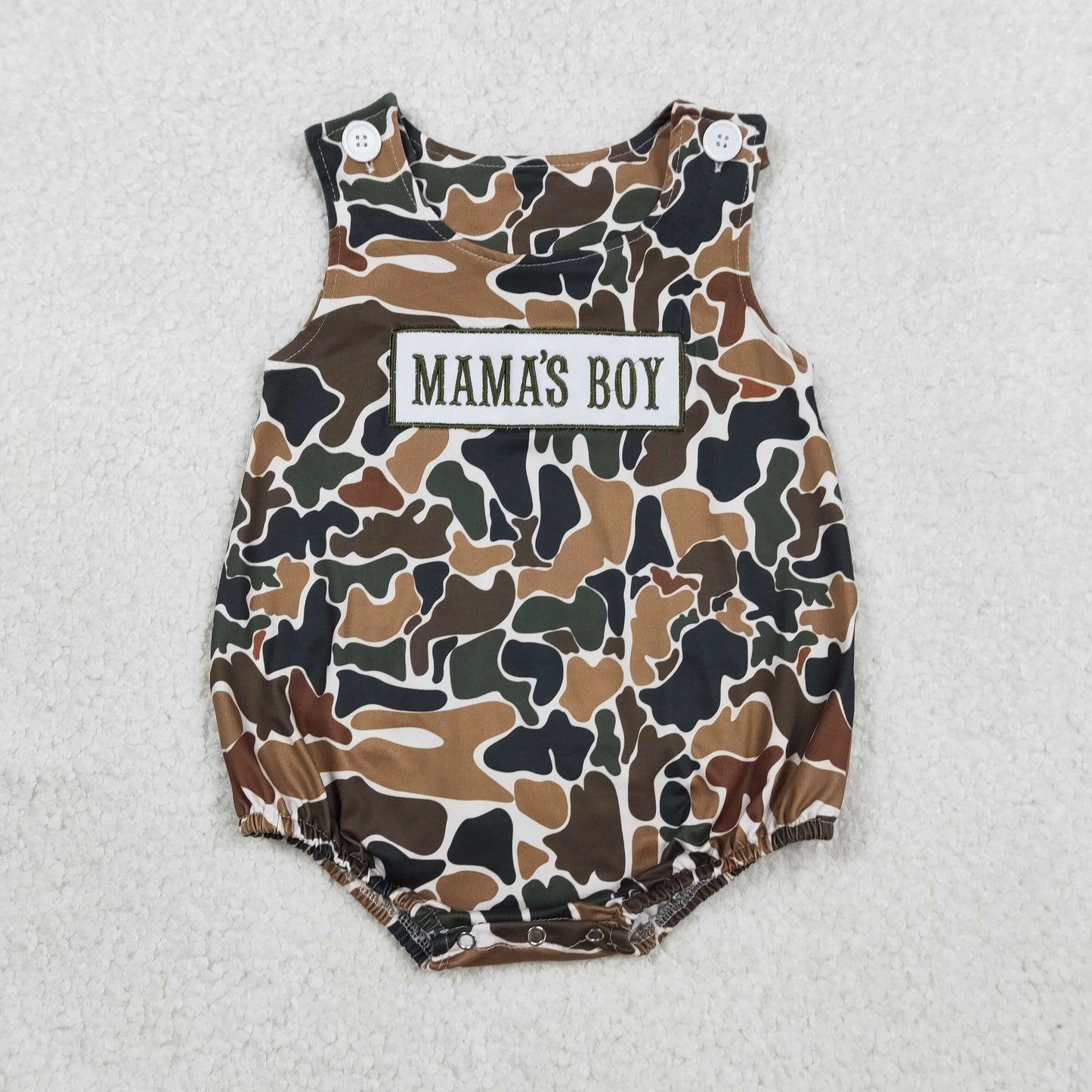RTS Baby Boys Sleeveless Embroidery Mama's Boy Camo Bubble Romper