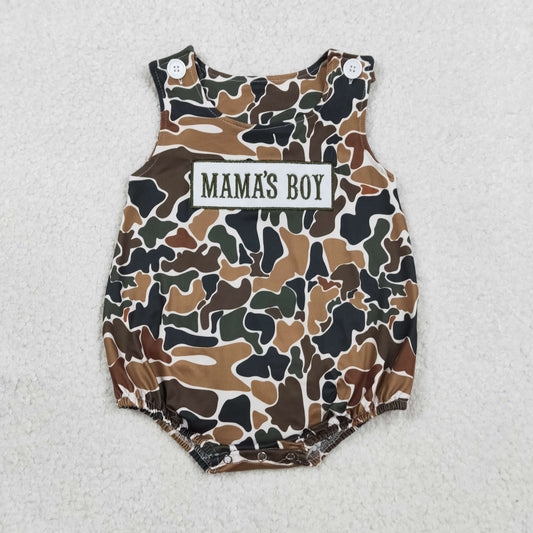 RTS Baby Boys Sleeveless Embroidery Mama's Boy Camo Bubble Romper