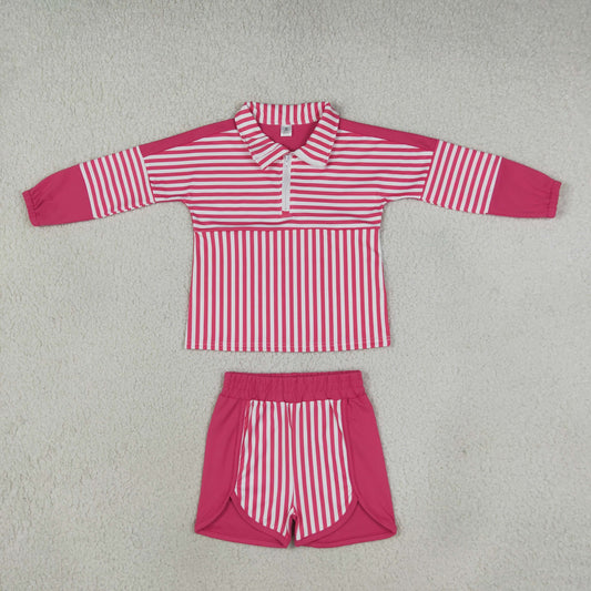Baby Girls Kids Long Sleeves Pink Stripes Zipper Pullover Shorts Yoga Active Set Clothes