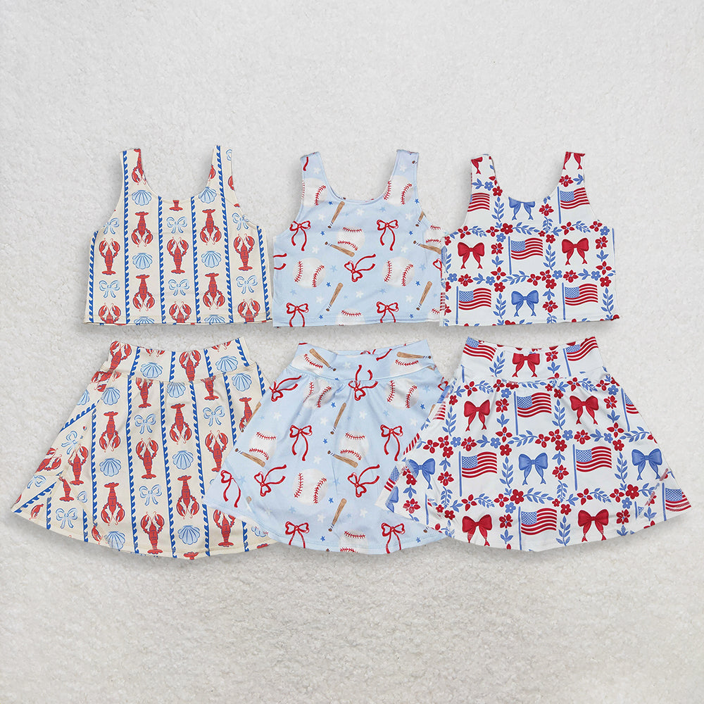 Sibling Baby Girls Kids Crawfish Baseball Bows Tops Shorts Skirt Skort Yoga Active Sets Clothes