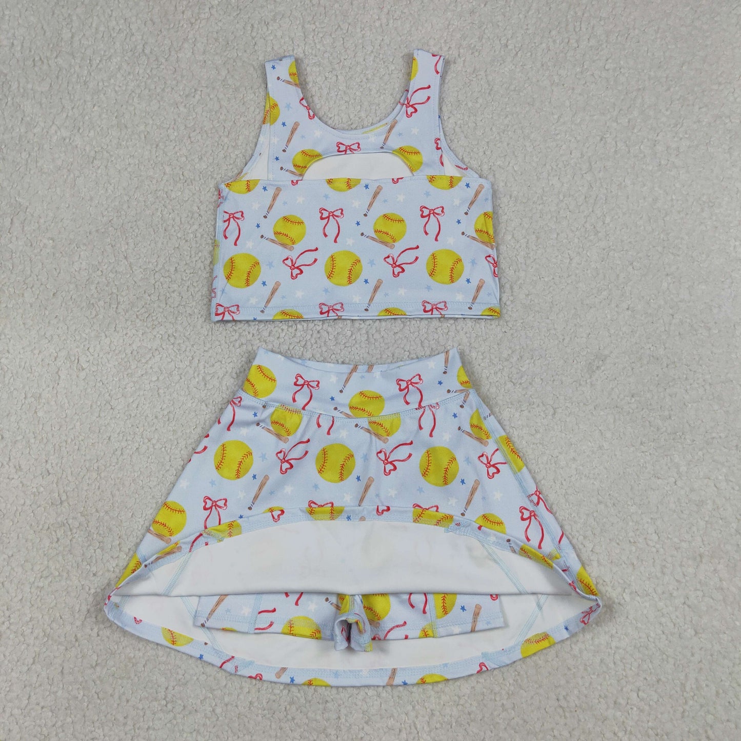 Baby Girls Kids Softball Bows Tops Blue Skirt Shorts Yoga Summer Set