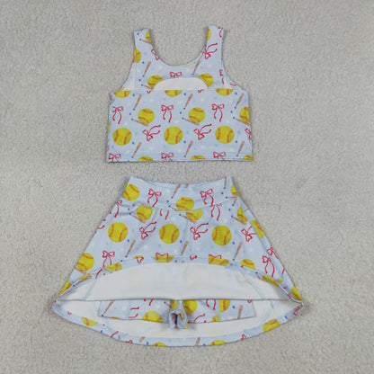 Baby Girls Kids Softball Bows Tops Blue Skirt Shorts Yoga Summer Set