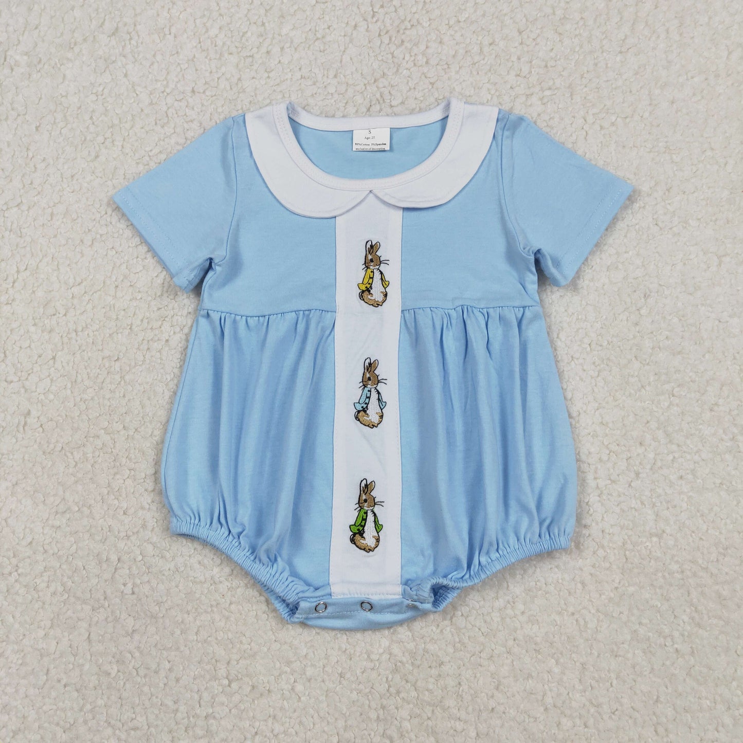 RTS Baby Boys Short Sleeves Embroidery Rabbits Easter Blue Bubble Romper