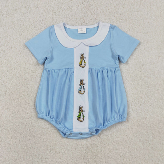 RTS Baby Boys Short Sleeves Embroidery Rabbits Easter Blue Bubble Romper