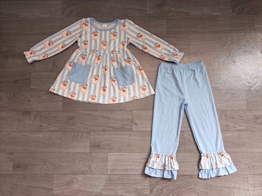 No moq Preorder Baby Girl Kids Christmas Santa Stripes Pockets Tunic Blue Ruffle Pants Set Clothes