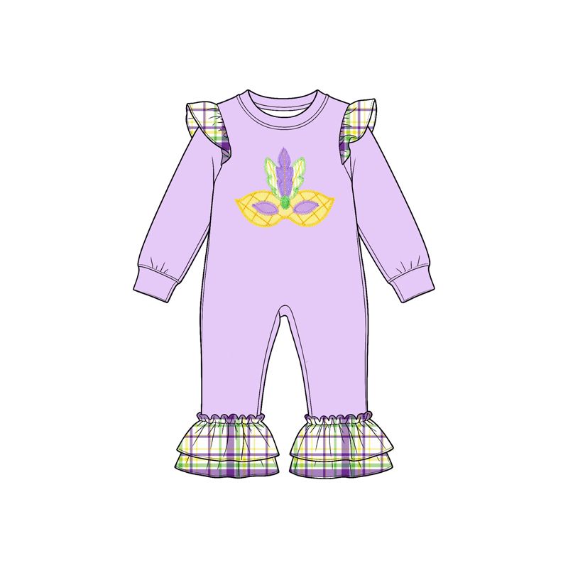 Moq 5 Preorder Baby Toddler Kids Masks Mardi Gras Plaid Ruffle Romper Purple Clothes