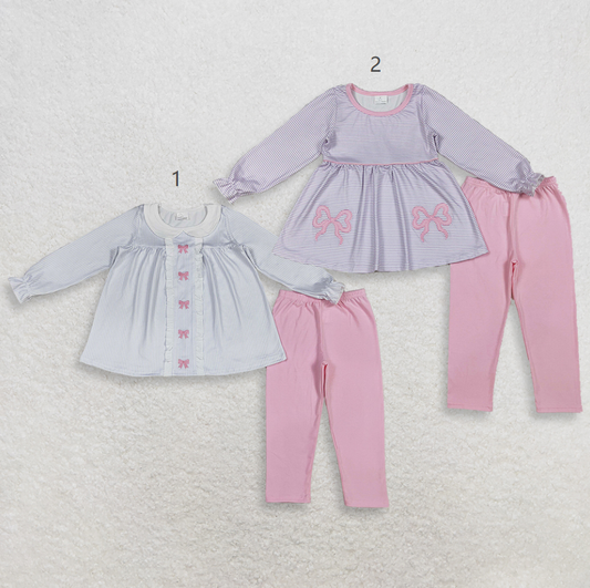Sibling Baby Girls Kids Long Sleeves Embroidery Bows Stripes Tops Pants Clothes Sets