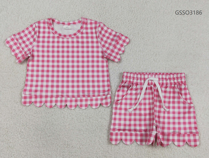 RTS Baby Girls Kids Short Sleeves Plaid Shirt Scallop Shorts Pink Clothes Set