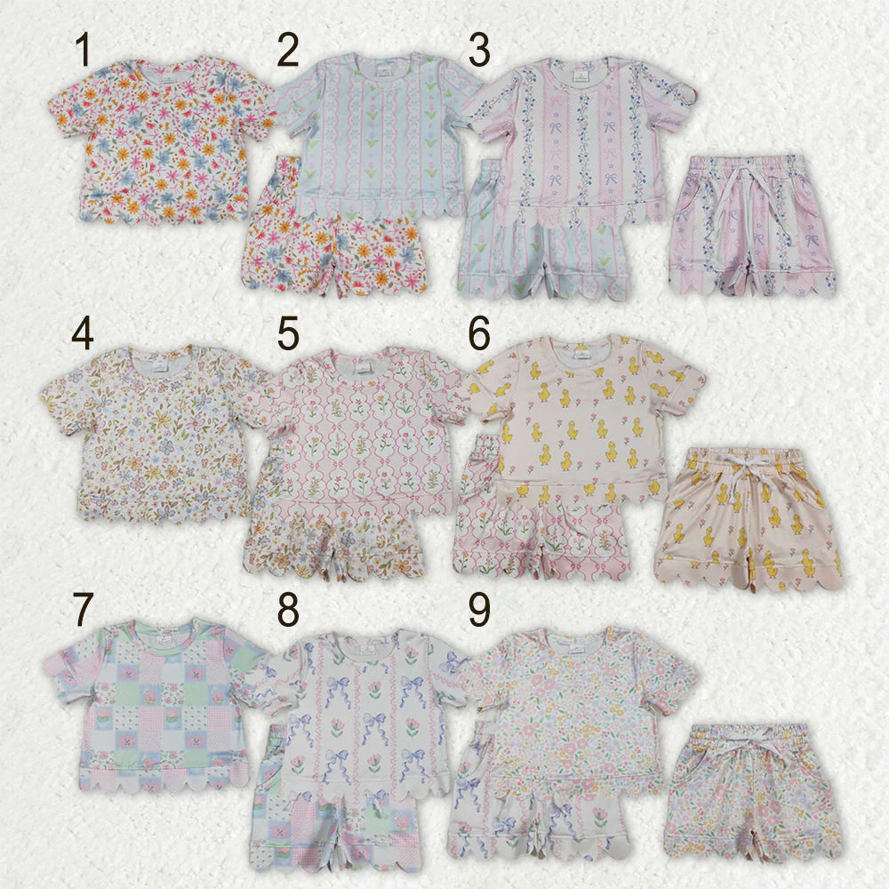 Sibling Baby Girls Kids Short Sleeves Flower Scallop Shirts Shorts Summer Sets Clothes