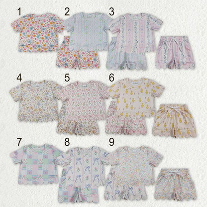 Sibling Baby Girls Kids Short Sleeves Flower Scallop Shirts Shorts Summer Sets Clothes