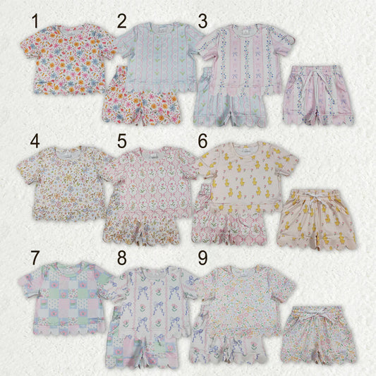 Sibling Baby Girls Kids Short Sleeves Flower Scallop Shirts Shorts Summer Sets Clothes