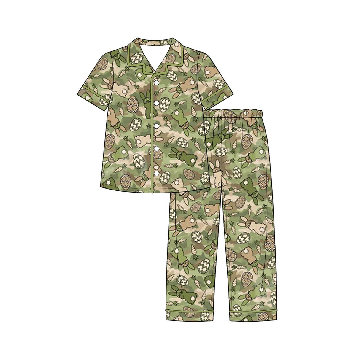 Moq 5 Preorder Baby Boys Kids Eggs Buttons Camo Shirt Pants Easter Pajamas Set Clothes
