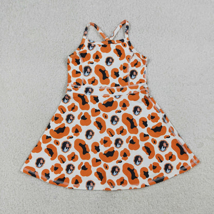 RTS Baby Girls Kids Straps Orange Leopard Dogs Team Yoga Active Shorts Knee Length Dress
