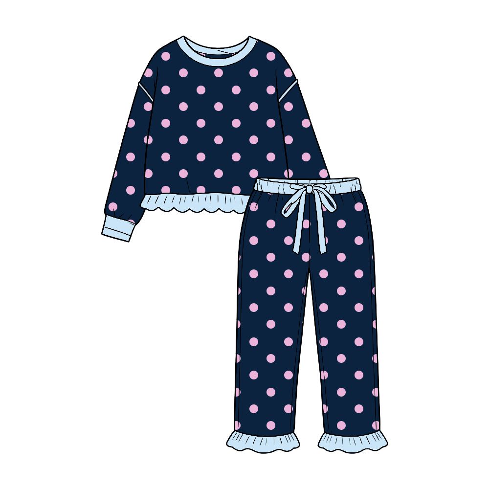 Moq 5 Preorder Baby Girls Kids Long Sleeves Pink Dots Shirt Ruffle Pants Set Navy Clothes