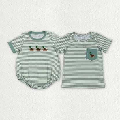 Sibling Baby Boys Kids Short Sleeves Embroidery Duck Pocket Green Stripes Romper Shirt
