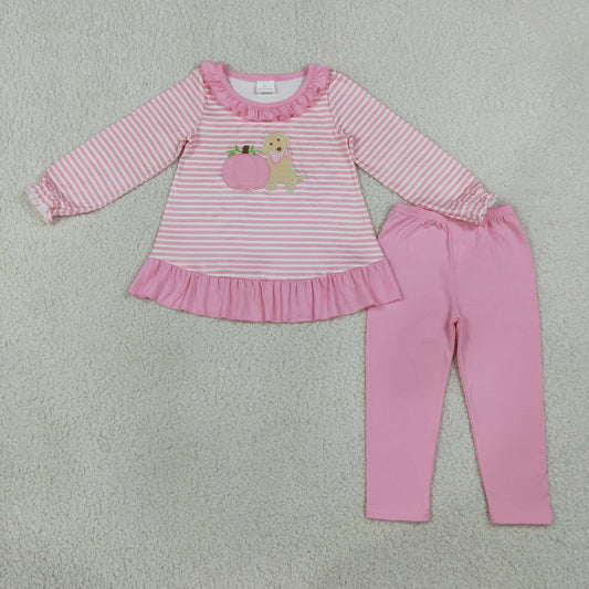 Sibling Baby Girls Kids Embroidery Pumpkins Dogs Stripes Romper Thanksgiving Set Pink Clothes