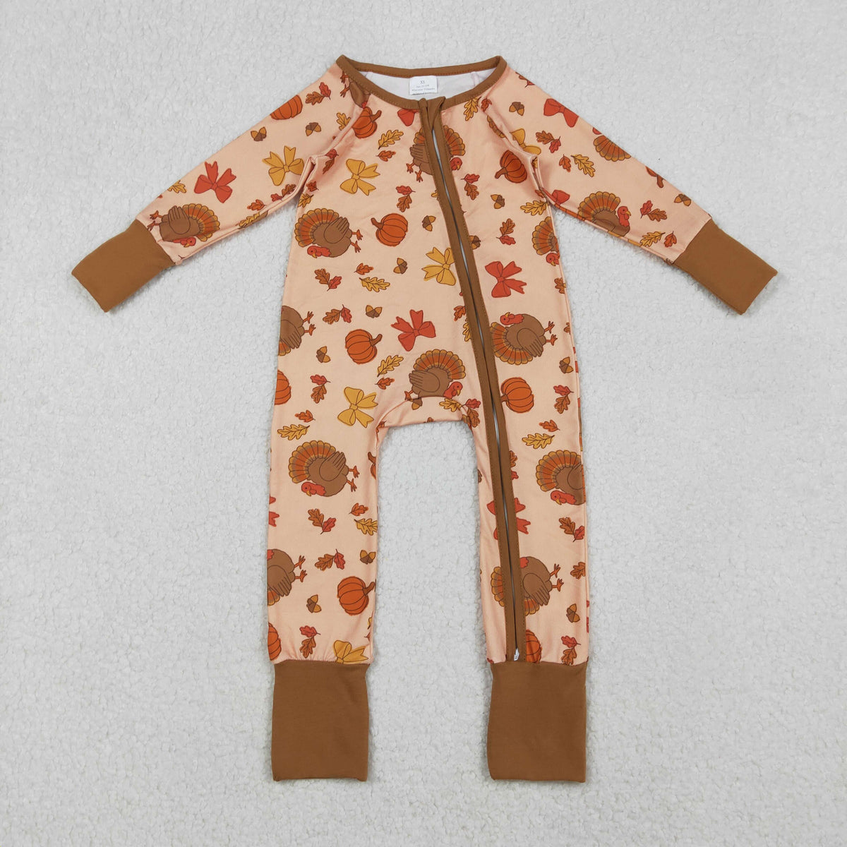 Girls Kids turkey Pumpkin Bows Fall Thanksgiving Zipper Sleeper Romper
