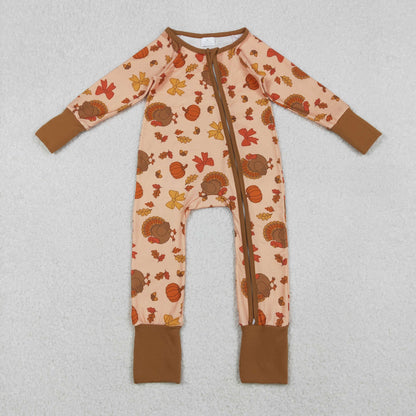 Girls Kids turkey Pumpkin Bows Fall Thanksgiving Zipper Sleeper Romper