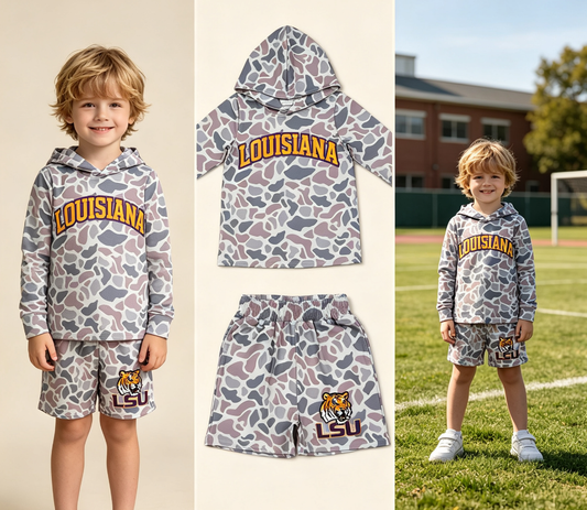 Baby Boy Kids Long Sleeves Grey Camo Hoodie Shirt Tiger Shorts Team Set