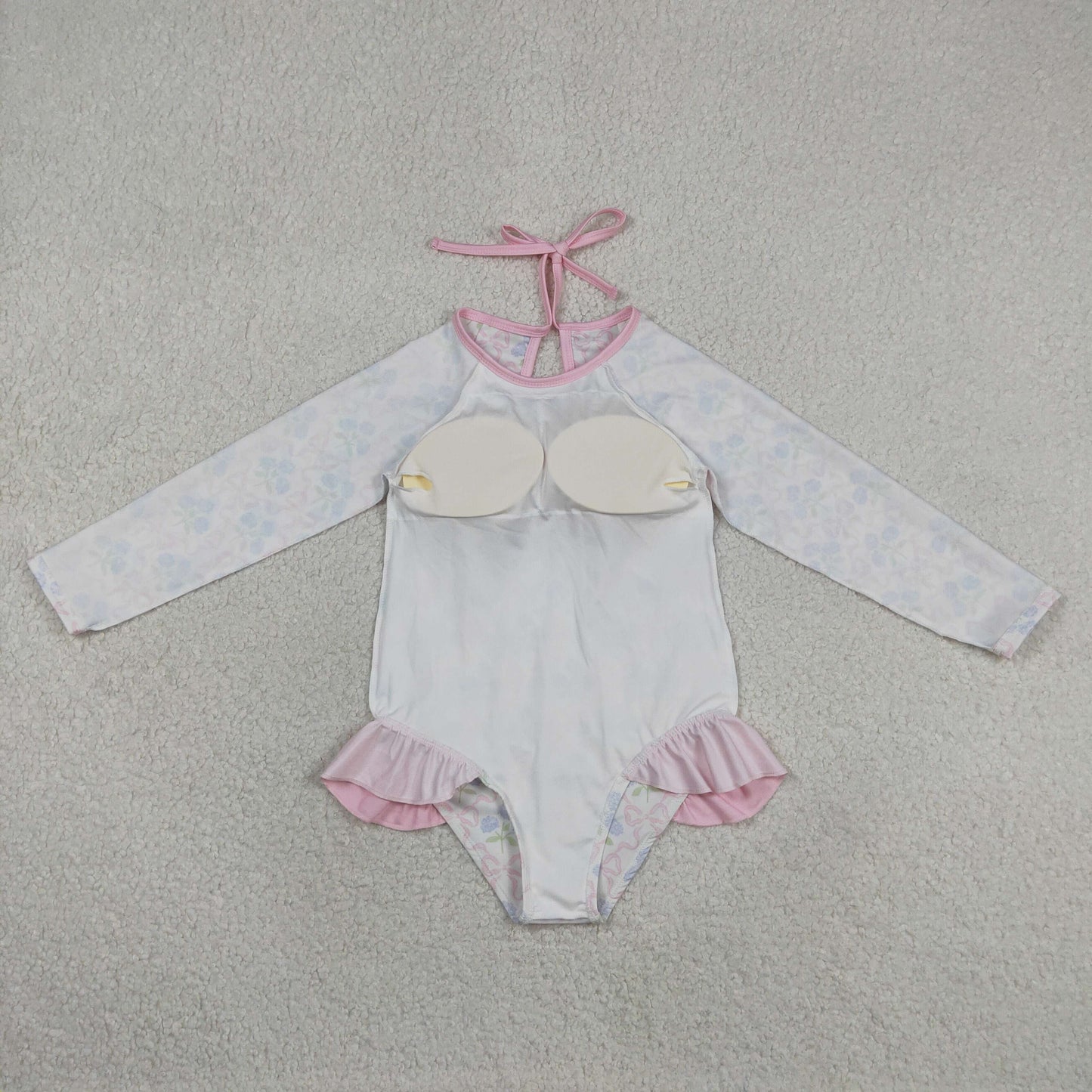 Baby Girls Kids Long Sleeves Bows Flower Pink Ruffle One-piece Swimsuit