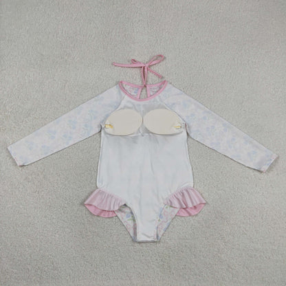 Baby Girls Kids Long Sleeves Bows Flower Pink Ruffle One-piece Swimsuit