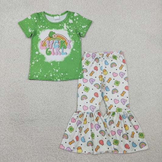 RTS Baby Girl Kids Green Short Sleeves Lucky Clovers Shirt Bell Pants St Patrick Set