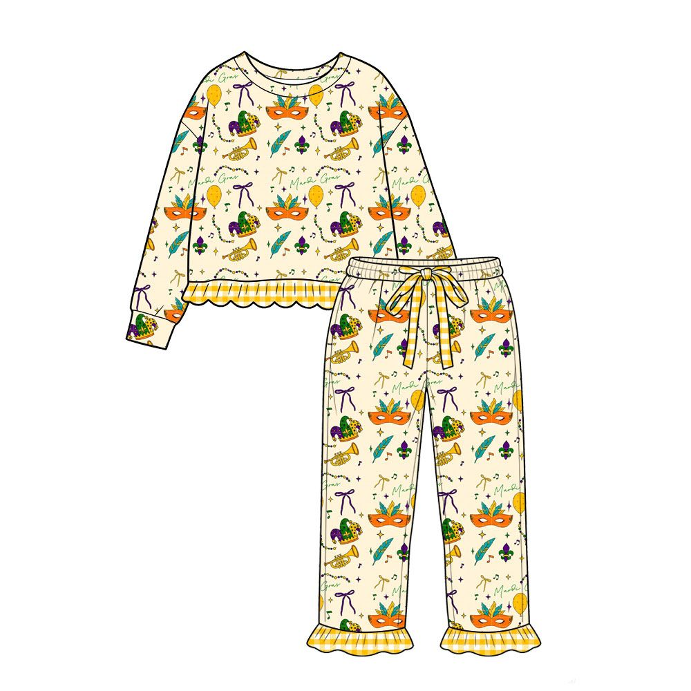 Moq 5 Preorder Baby Girls Kids Anchors Masks Shirt Pockets Pants Set Mardi Gras Clothes