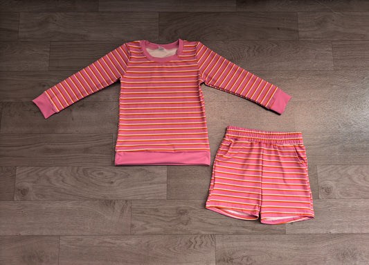No moq Preorder Baby Girls Kids Long Sleeves Pink Stripes Shirt Shorts Set Yoga Active Clothes