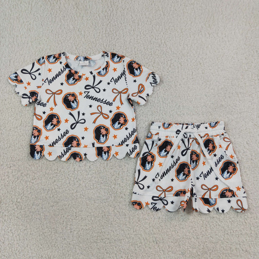 Baby Girls Kids Short Sleeves Bows Dogs Team Shirt Scallop Shorts Summer Set
