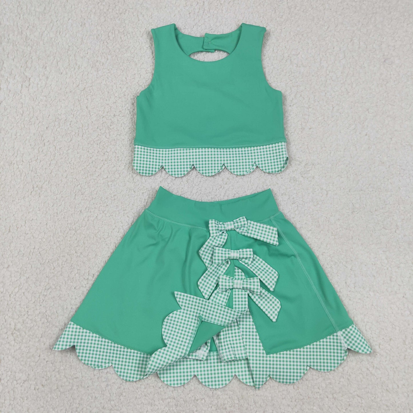 Sibling Baby Girls Kids Green Plaid Bows Skort Yoga Active Dress Set Scallop Clothes