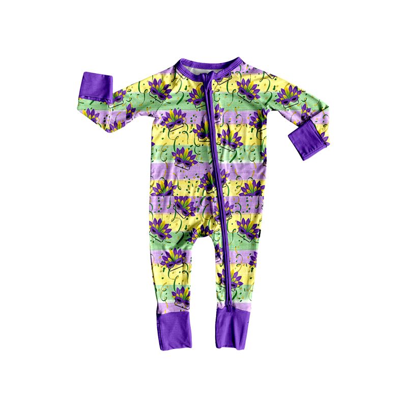 Moq 5 Preorder Baby Toddler Kids Masks Stripes Mardi Gras Zipper Footie Romper Clothes
