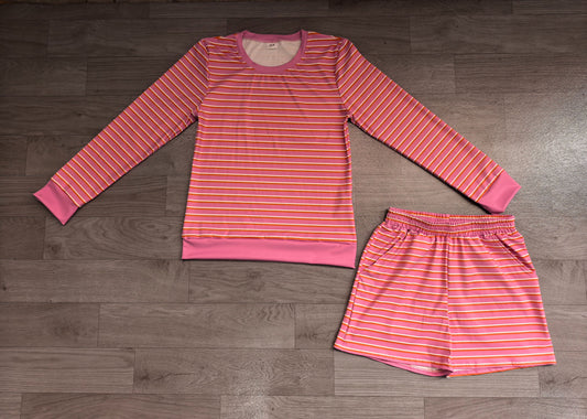 No moq Preorder Adult Women Long Sleeves Pink Stripes Shirt Pockets Shorts Yoga Active Set