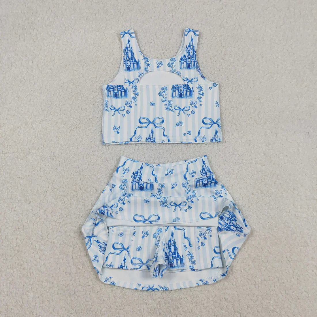 Baby Girls Kids Sleeveless Castles Blue Bows Flower Sibling Yoga Active Skort Dress Set