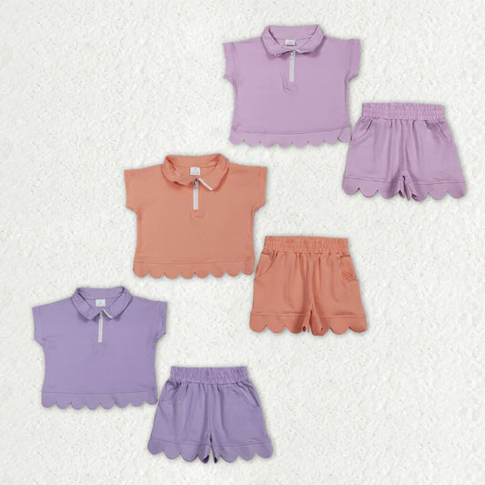 Sibling Baby Girls Kids Short Sleeves Zipper Shirts Scallop Shorts Cotton Sets Clothes