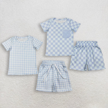 RTS Sibling Baby Boys Girls Short Sleeves Plaid Shirts Shorts Sets Summer Clothes